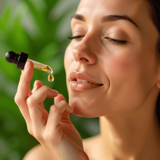 Woman applying organic skincare oil with a dropper, showcasing a radiant and healthy complexion.