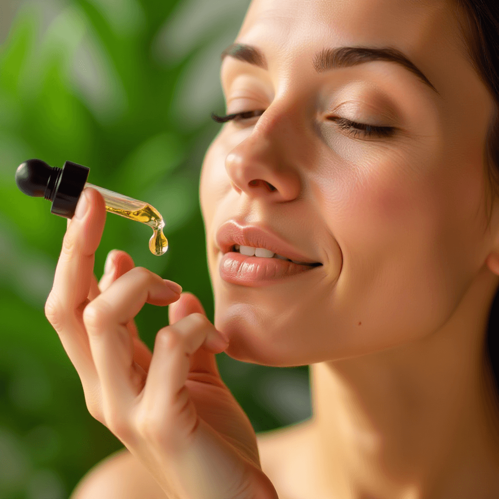 Woman applying organic skincare oil with a dropper, showcasing a radiant and healthy complexion.