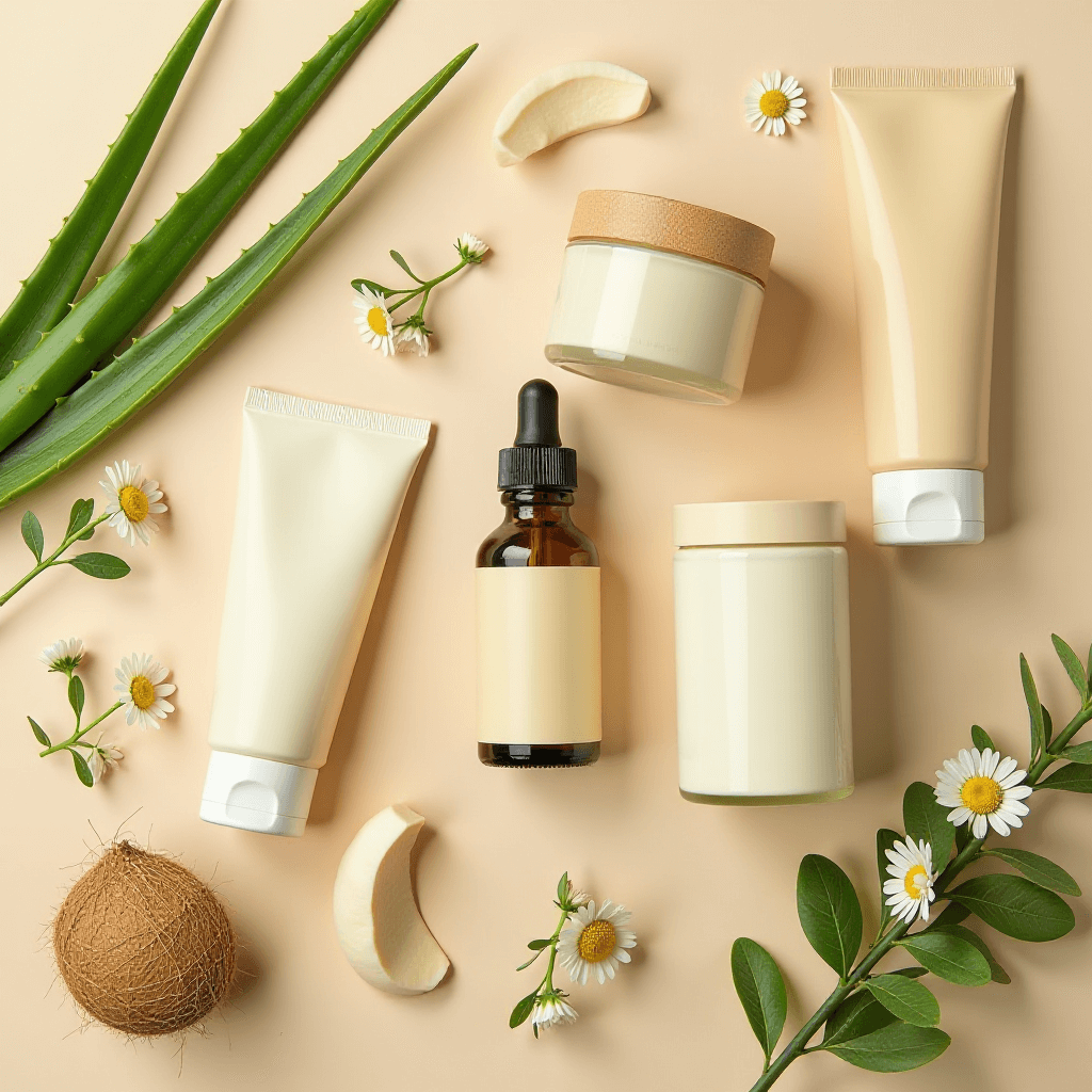 Variety of organic skincare products arranged with natural ingredients like aloe and flowers on a soft background.