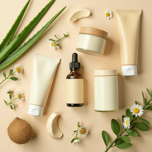 Variety of organic skincare products arranged with natural ingredients like aloe and flowers on a soft background.