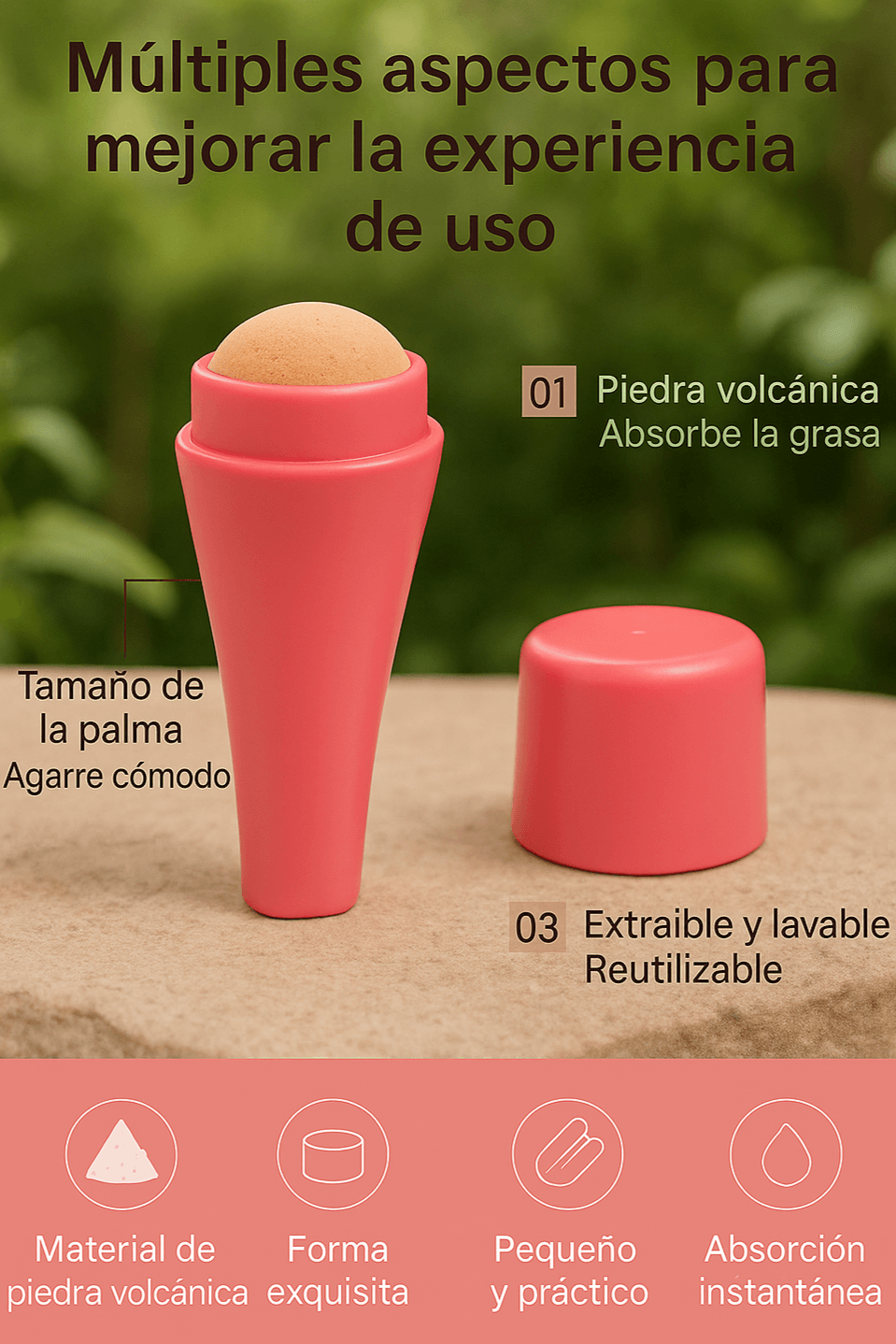 Rodillo volcánico absorbente de aceite, compacto y reutilizable, ideal para piel grasa y cuidado orgánico.