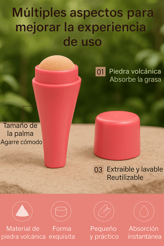 Rodillo volcánico absorbente de aceite, compacto y reutilizable, ideal para piel grasa y cuidado orgánico.