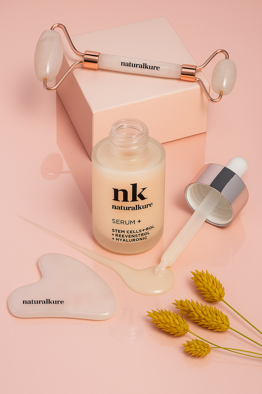 Masajeador facial de cuarzo rosa con sérum natural para piel radiante