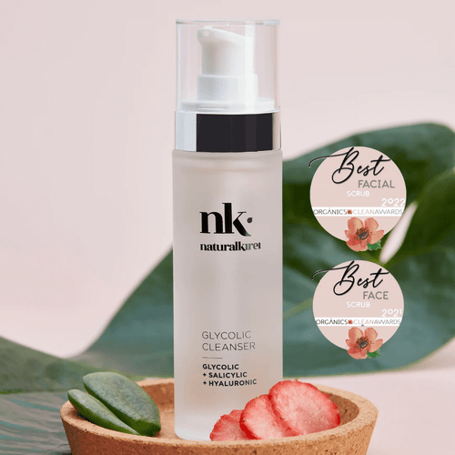 NK Glycolic Cleanser, an organic skincare product, award-winning for best facial scrub, featuring glycolic, salicylic, and hyaluronic acids.